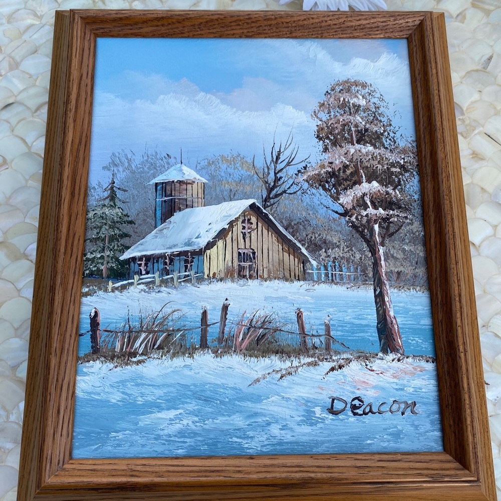 Famous Winter Painting, By Deacon  Snow Barn In Forest. Small Sz 13”Painting 🖼